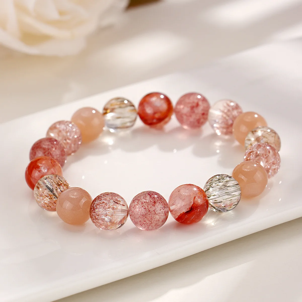 kf-S5cc5658a7b4f421788b6dd6d7c92faa48 Red and Pink Beaded Fashion Bracelet – Elastic Fit – Non-Precious Materials - Image 1